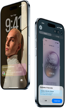 Two iPhone Air devices, front exterior, side exterior, thin profile, Lock Screen, visual intelligence feature in use