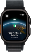 Apple Watch Ultra 3, black colour, titanium case, 'Keep Pointing at Satellite' over Earth with a location on screen, Ocean Band