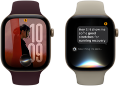 Three Apple Watch Series 12 devices, one with light gold aluminium case, Siri AI conversation, sand Sport Band, one with light gold aluminium case, personalised photo on watch face with Siri AI complication, burgundy Sport Band, and one with space grey aluminium case, Siri Recap, black Sport Band