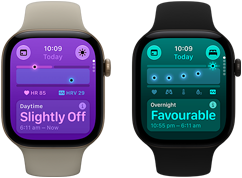 Two Apple Watch Series 12 devices: aluminium case, light gold colour, Daytime Vitals Slightly Off, Digital Crown, sand Sport Band, aluminium case, black colour, Overnight Vitals Favourable, Digital Crown, black Sport Band