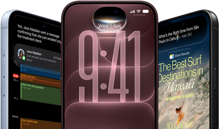 3 iPhone 18 Pro devices in Glacier, Burgundy, and Black, front exterior, screens show Siri AI integration in lock screen, Message Summary and Ask Siri