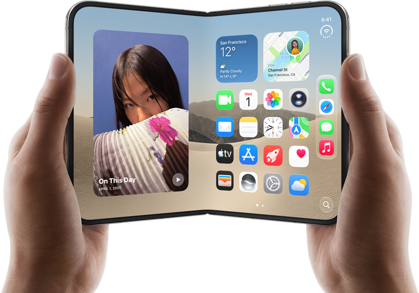 iPhone Duo, Star White colour, held by two hands in landscape orientation, unfolded, interior screen displays photos on the left, apps on the right