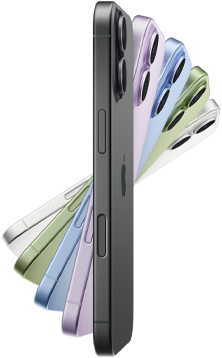 iPhone 17, exterior side, five colours: Black, Lavender, Mist Blue, Sage and White