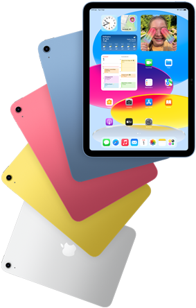 Front view iPad shows Home Screen, behind are four back-facing iPad models in blue, pink, yellow and silver