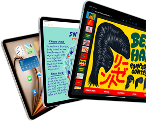 Three iPad Air displays showing iPadOS and app features