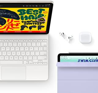 iPad Air, Starlight colour, colourful graphics on screen, attached to Magic Keyboard, Airpods Pro and Apple Pencil Pro accessories