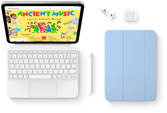 iPad attached to Magic Keyboard Folio, Apple Pencil, AirPods and Smart Folio