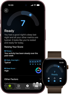 iPhone 18 Pro, black, front exterior, displaying the results of the Readiness status (score of 7), paired with Apple Watch, front facing, brown, displaying the same Readiness score of 7