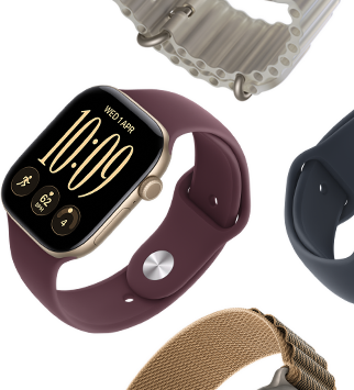 Apple Watch Series 11 bands: purple fog Sport Band, anchor blue Ocean band, light blue Alpine Loop
