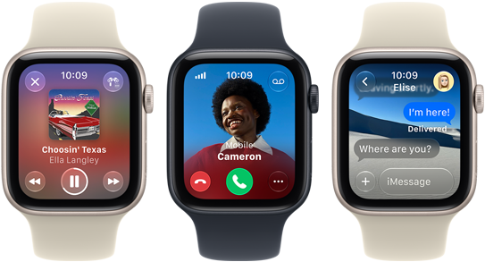 Three Apple Watch SE 3 devices next to each other, one showing the Apple Music app, one showing an incoming phone call and one showing a Messages exchange