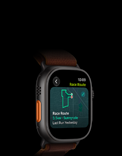 Apple Watch Ultra 4, titanium case, black colour, Race Route feature with a map of a running route, left side exterior, Action button, Alpine Loop band, burgundy colour