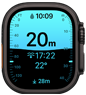 Apple Watch Ultra 4, titanium case, black colour, Depth app showing diving metrics, right side exterior, Digital Crown, raised side button