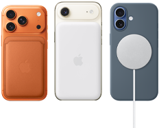 iPhone 17 Pro, back exterior, Cosmic Orange colour, FineWoven Wallet with MagSafe in Fox Orange colour; iPhone Air, back exterior, Cloud White colour, with Magsafe Battery; iPhone 17, back exterior, Mist Blue colour, with Silicone Case in Anchor Blue colour and MagSafe Charger