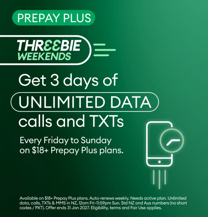 Prepay Plus Threebie Weekends. Get 3 days of unlimited data, calls and TXTs every Friday to Sunday on $18+ Prepay Plus plans.