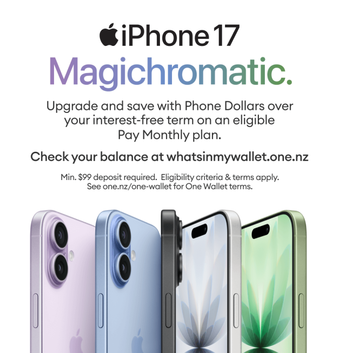 iPhone 17 promotion highlighting Magichromatic design with upgrade savings on Pay Monthly plans.