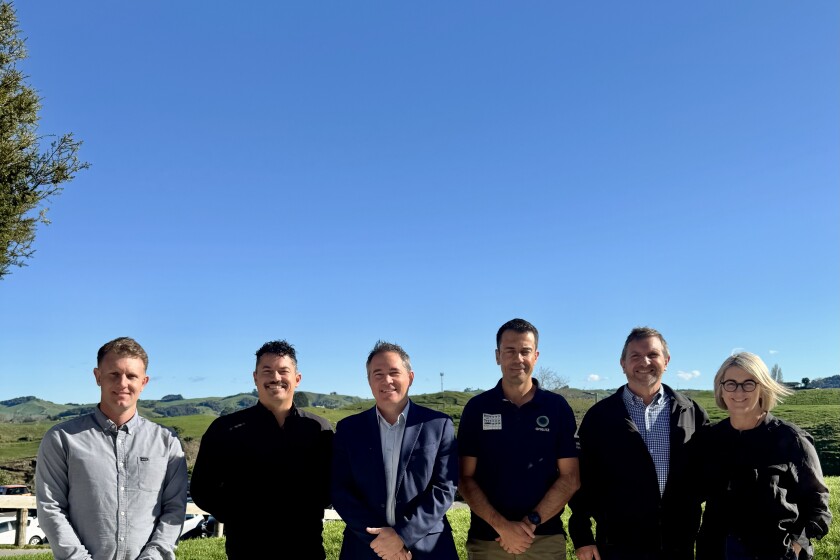 Pictured is Paul Andrews Broadtech, Mike Jenkins Tu Atea Network Services Board Chair, Hamilton East MP Ryan Hamilton, Kieran Byrne One NZ, Merv Taylor CEO Broadtech, Jo Stansfield CCO Fortysouth.