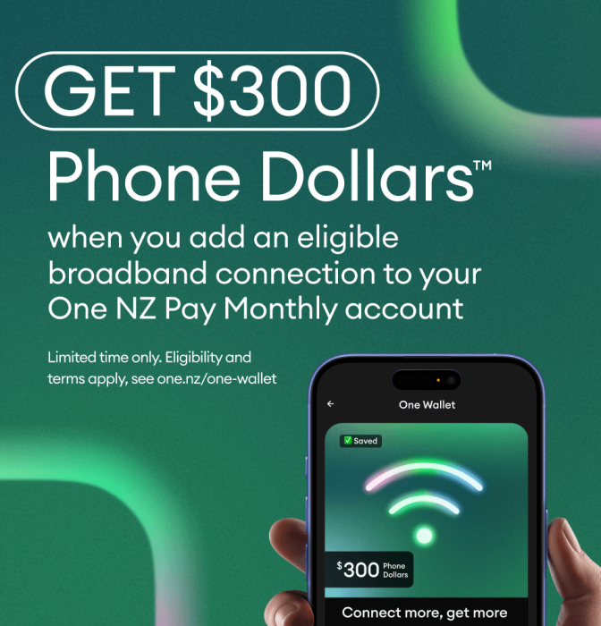 Get $300 Phone Dollars when you add an eligible broadband connection to your One NZ Pay Monthly account.