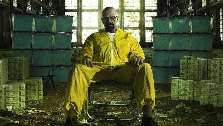 breaking bad poster - walter white in hazmat suit surrounded by money