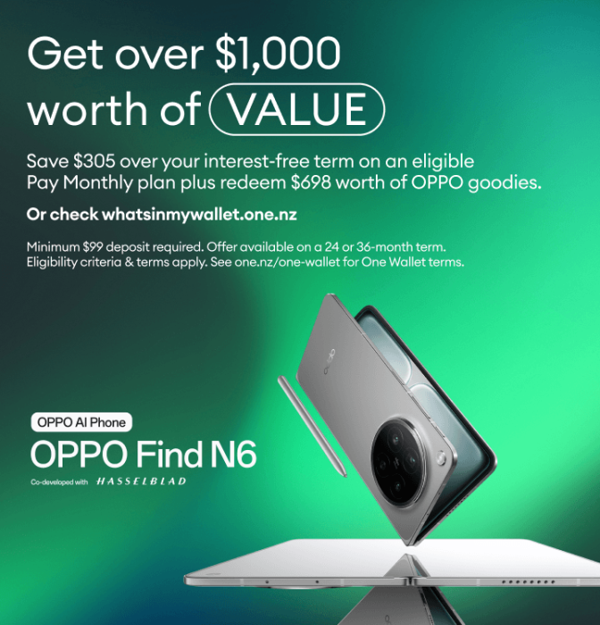 Promotional banner for OPPO Find N6 featuring the foldable phone and offer to get over $1,000 in value with savings and OPPO goodies.