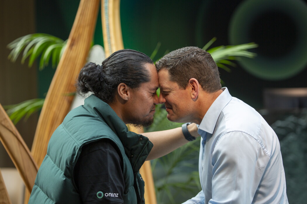 Nick Judd being welcomed with a hongi during the pōwhiri