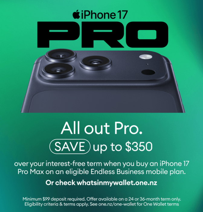 All out pro. Save upto $350 over your interest-free term when you buy an iPhone 17 Pro Max on an eligible Endless Business Mobile plan.