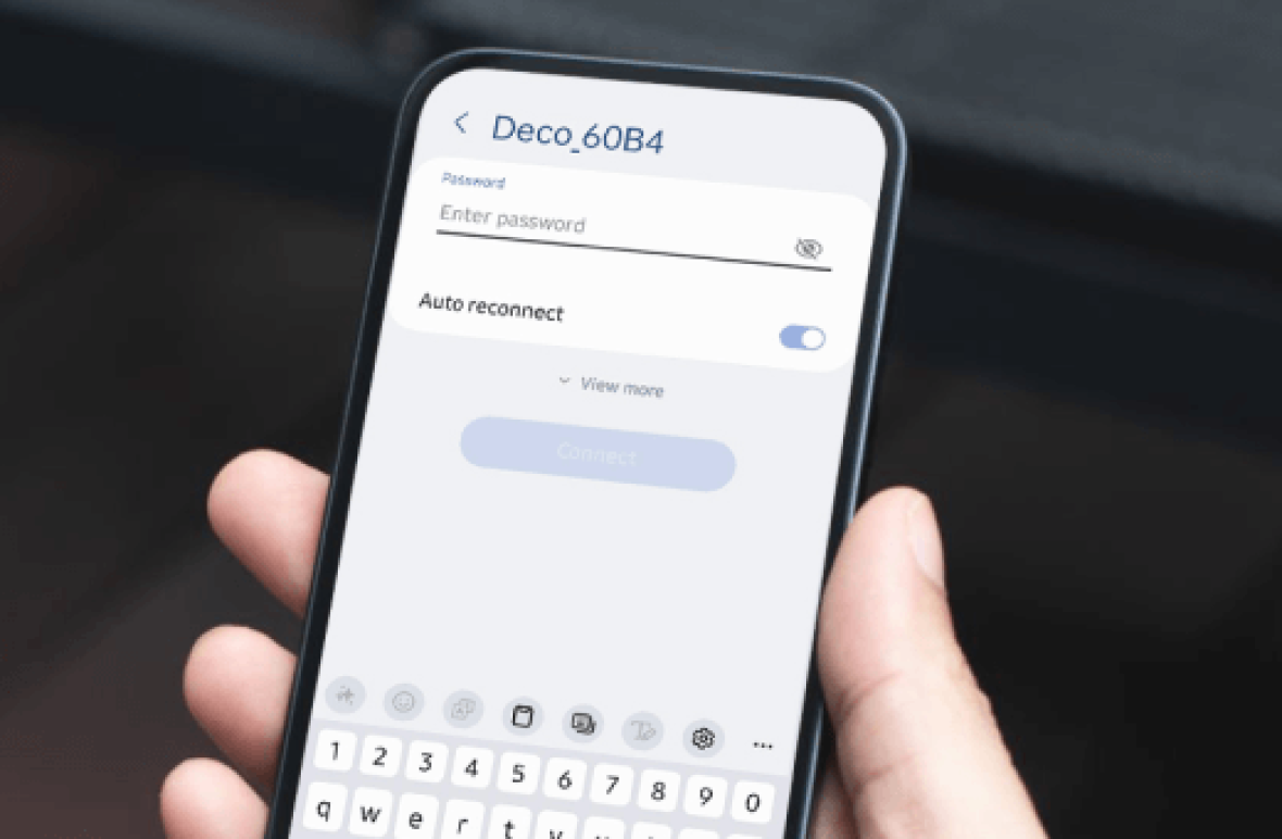 Hand holding a smartphone displaying a WiFi connection screen for "Deco_60B4".