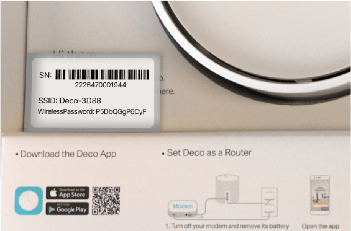 Base of a Deco X50-DSL modem showing the WiFi login details.