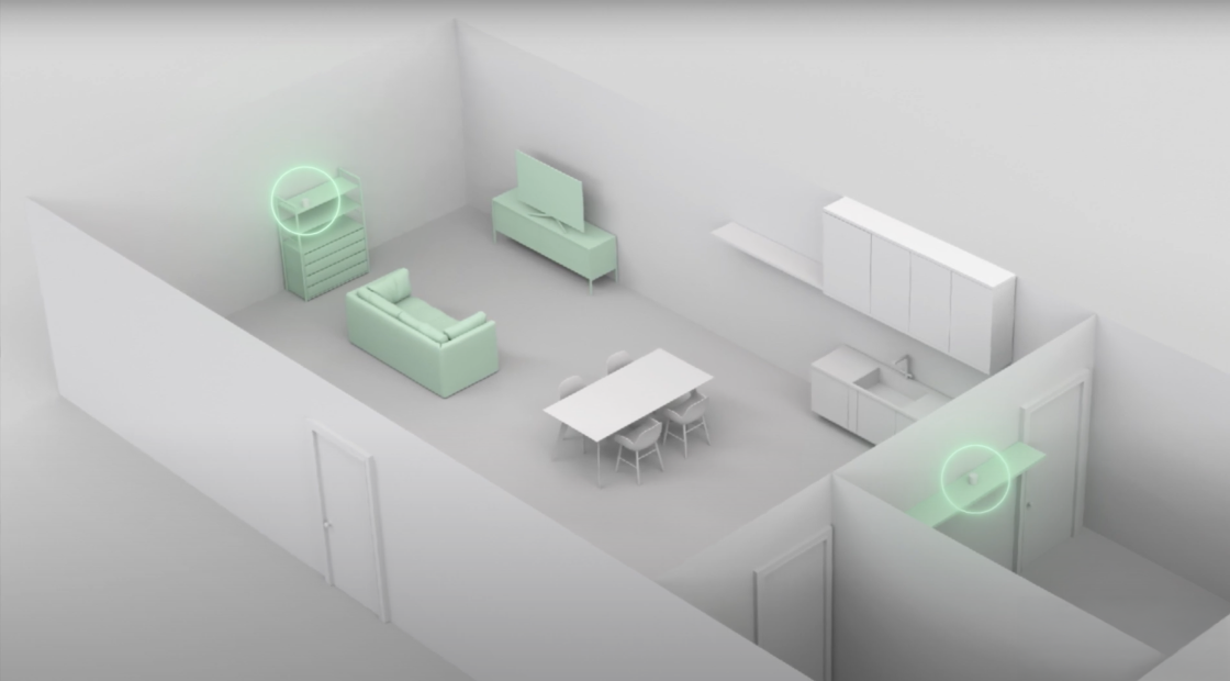 Best location at a height away from obstacles highlighted in a living room for placing a Deco modem.