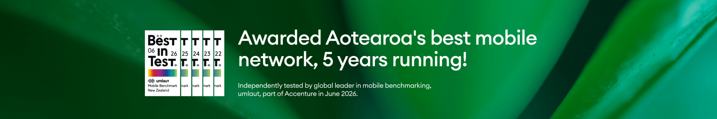 Promotional banner announcing that One NZ has been awarded Aotearoa's best mobile network for five consecutive years, featuring multiple Best in Test award logos.