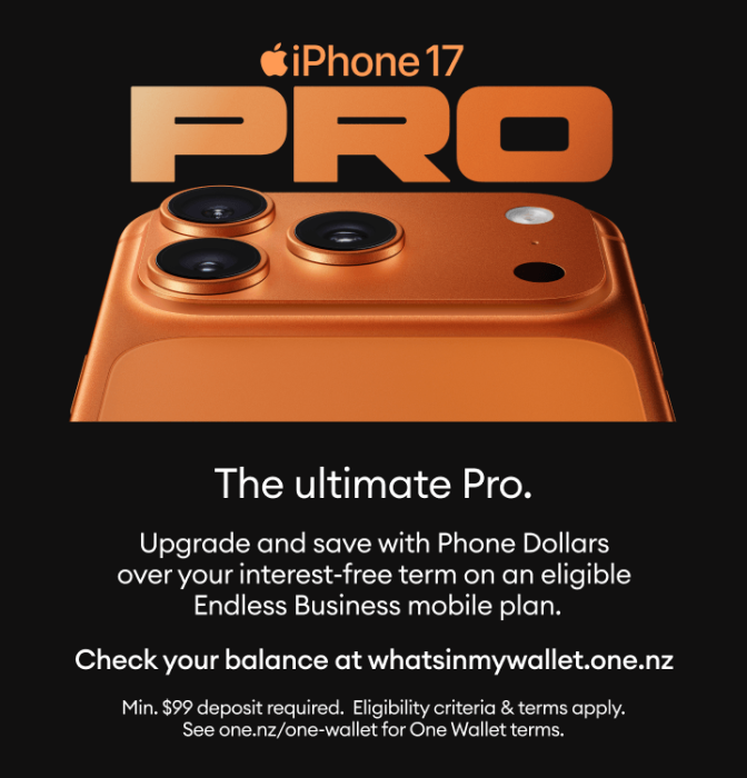 iPhone 17 Pro business promotion featuring “The ultimate Pro” with upgrade savings on an Endless Business mobile plan.