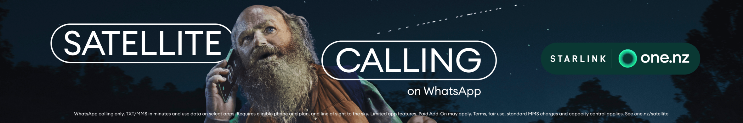 Jade's Dad, under a starry sky, calling with WhatsApp over One NZ Satellite.