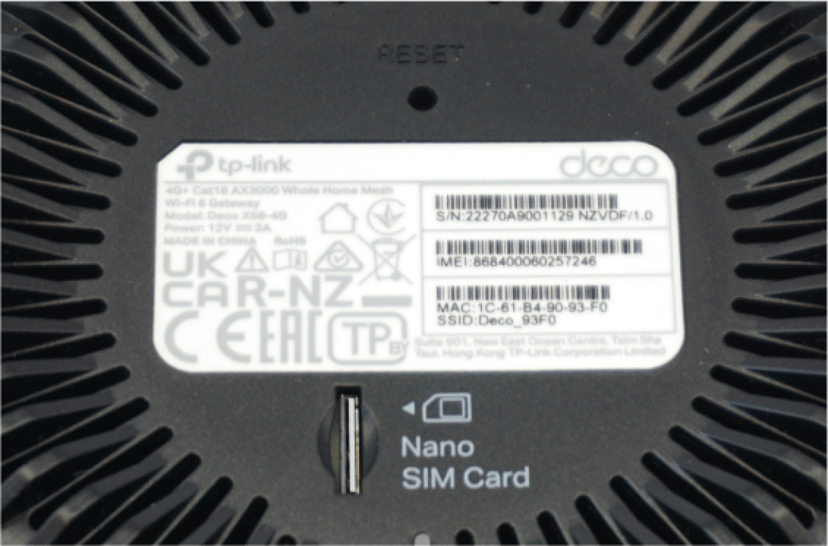 Base of a deco X58-4G modem showing WiFi login details