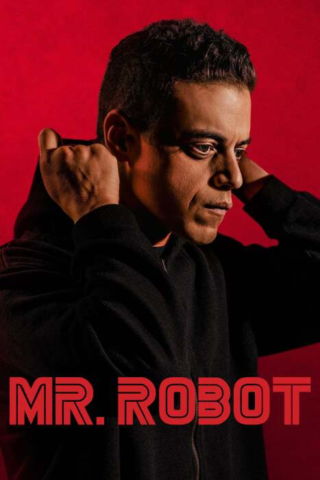 mr robot poster - rami malek on red background