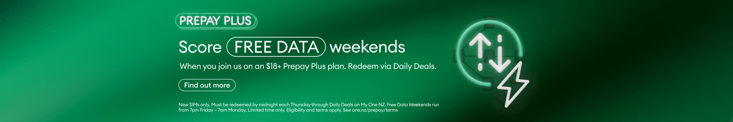 Prepay Plus. score free data weekends when you join us on an $18+ Prepay Plus plan. Redeem via Daily Deals.