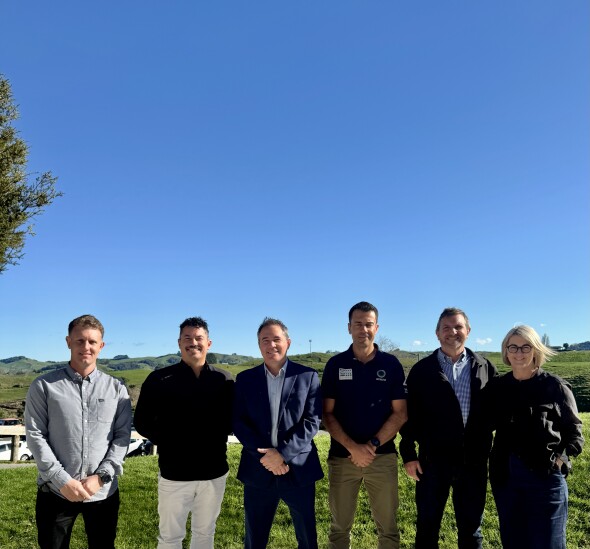 Pictured is Paul Andrews Broadtech, Mike Jenkins Tu Atea Network Services Board Chair, Hamilton East MP Ryan Hamilton, Kieran Byrne One NZ, Merv Taylor CEO Broadtech, Jo Stansfield CCO Fortysouth.