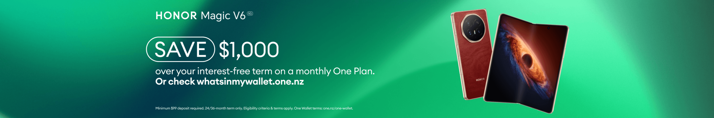 HONOR Magic V6 foldable smartphone promotion with $1,000 savings on a monthly One Plan.
