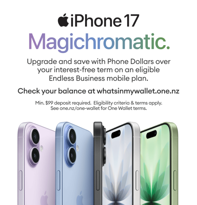 iPhone 17 promotion highlighting Magichromatic design with upgrade savings on an Endless Business mobile plan.