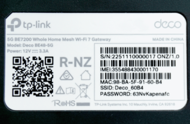 The label on a TP-Link Deco BE48-5G Whole Home Mesh Wi-Fi 7 Gateway with technical details.