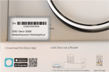 Base of a Deco X50-DSL modem showing the WiFi login details.