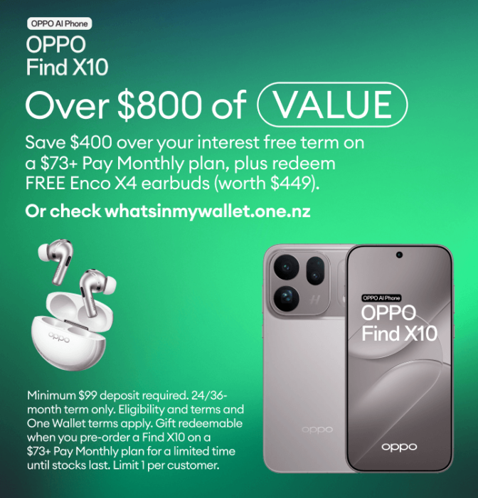 OPPO Find X10 promotion with free Enco X4 earbuds and over $800 value on an eligible Pay Monthly plan.