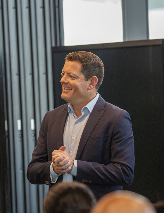 Nick Judd, One NZ CEO, speaking at the pōwhiri to welcome him into the role