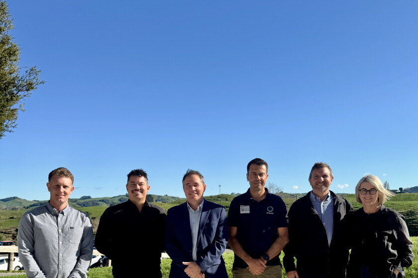 Pictured is Paul Andrews Broadtech, Mike Jenkins Tu Atea Network Services Board Chair, Hamilton East MP Ryan Hamilton, Kieran Byrne One NZ, Merv Taylor CEO Broadtech, Jo Stansfield CCO Fortysouth.