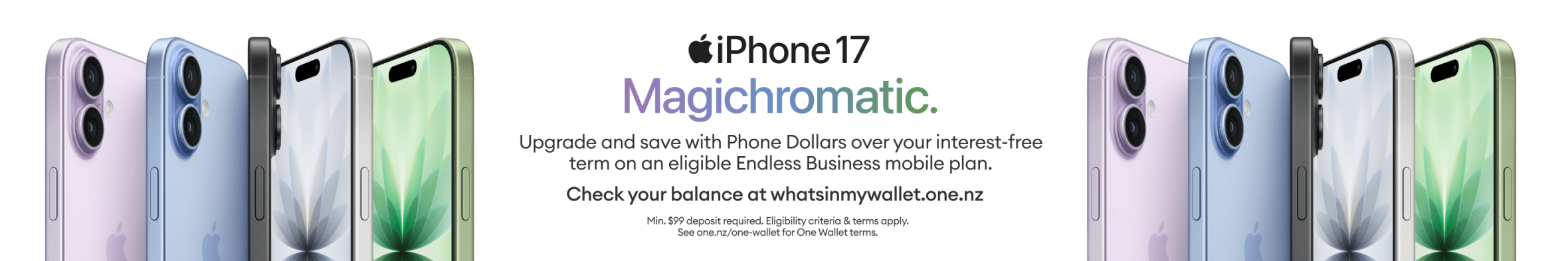 iPhone 17 promotion highlighting Magichromatic design with upgrade savings on an Endless Business mobile plan.