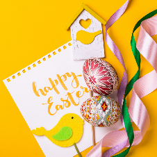 happy easter card with bird, egg and ribbons