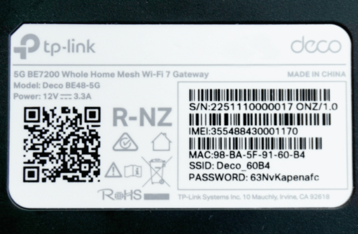 The label on a TP-Link Deco BE48-5G Whole Home Mesh Wi-Fi 7 Gateway with technical details.