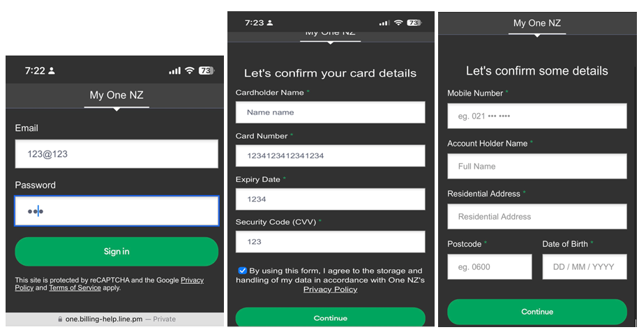 screenshot of  fake my one nz login page