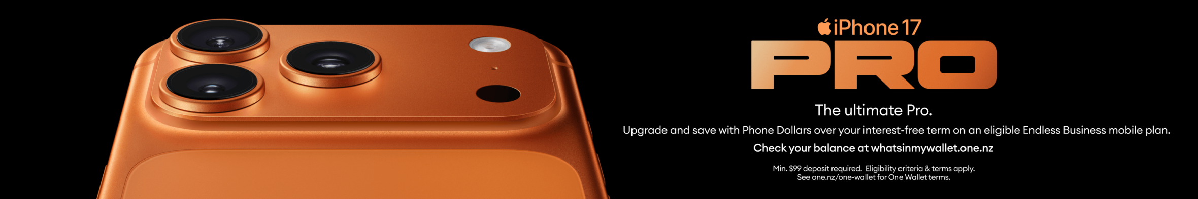 iPhone 17 Pro business promotion featuring “The ultimate Pro” with upgrade savings on an Endless Business mobile plan.