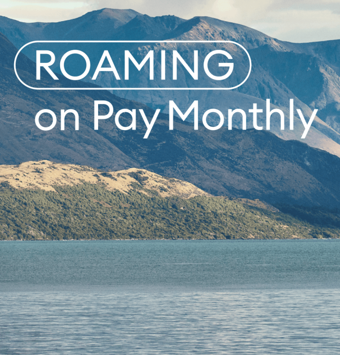 Scenic mountain range with “ROAMING on Pay Monthly” text overlay against a dramatic cloudy sky.