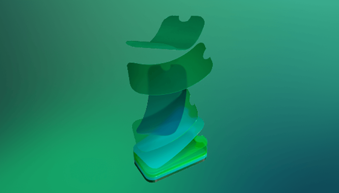 A bunch of slim, colourful phone wallets fall in on a green background. They bend like falling leaves and pile up on top of each other in a stack of phone wallets.