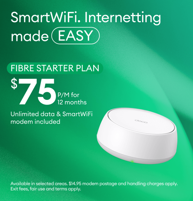 Fibre starter broadband plan at $75 per month.